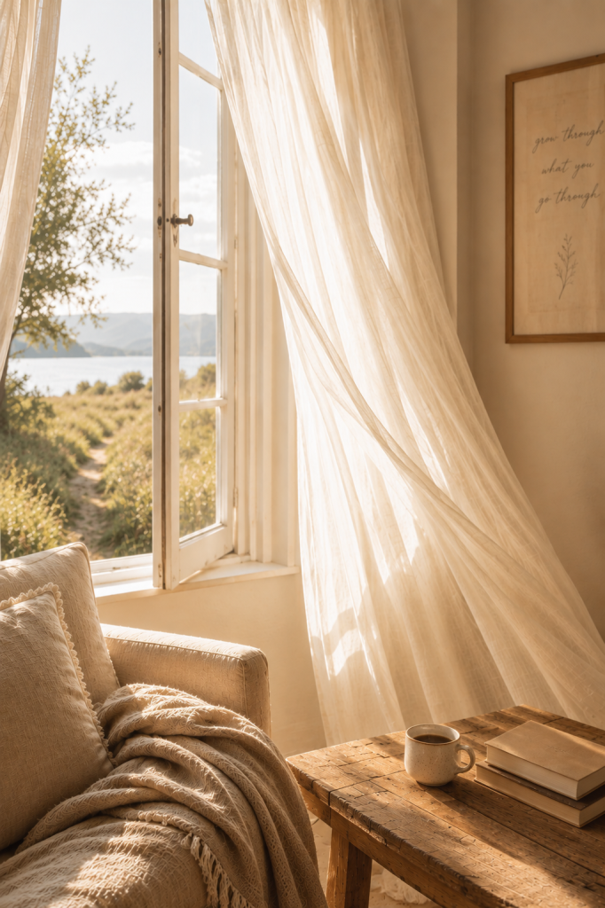 Sunlit room with an open window overlooking a peaceful path toward the water