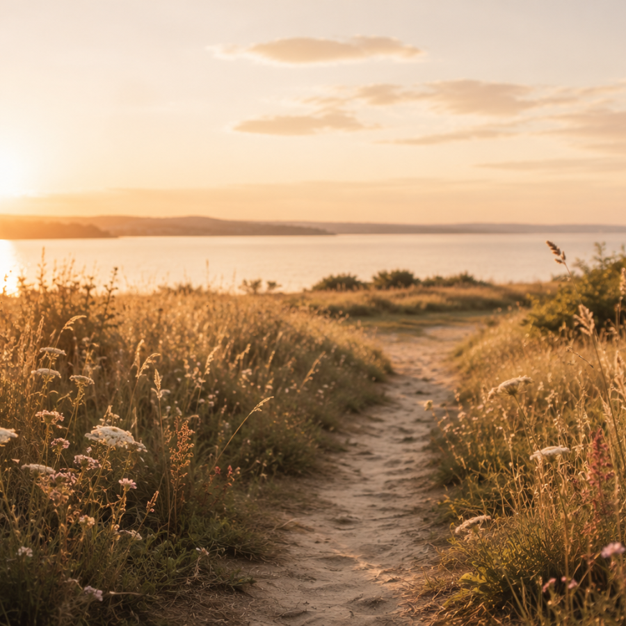 Sunlit path through wild grasses leading toward peaceful water at golden hour